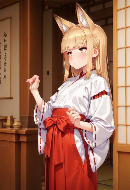 masterpiece,best quality,amazing quality,very aesthetic,absurdres,newest,score_9_up,(score_8_up),score_7_up,detailed face,detailed eyes,Highest Quality,perfect eyes,ultra-detailed,amazing quality,very aesthetic,perfect composition,intricate details,absurdres,NSFW,1girl,fox girl,animal ear,miko outfit,hakama, red hakama,long hair,gold hair,hime cut,room,high quality,best quality, amazing quality,
absurdres, very aesthetic, newest, HDR, high detail RAW color art,masterpeace,Venus body