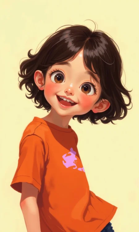 Close-up of a digital illustration.Â
A young girl, likely a child, is the central figure. Her expression is joyful, with a wide, open smile and bright eyes. She's angled slightly away from the viewer, her head turned toward the camera, and her body curved so her back is partly visible. Her hair is short and dark brown, styled with loose waves.Â
The girlâs face is characterized by soft, rounded features. The skin tones, especially around her cheeks, have a blush or rosy tint, adding to the playful and cheerful mood.Â
Her attire is a vibrant, slightly orange-red, loose-fitting t-shirt. A small, light pinkish-purple design or pattern is subtly visible on the front of the shirt near her chest. Â
The background is a pale, yellowish-cream color. The lighting is soft, casting a natural glow on the characters. the style is clearly stylized to be a cartoon or illustration, rather than a photographic representation.
<lora:FLUX-daubrez-DB4RZ-v2:1> DB4RZ, DB4RZ style painting