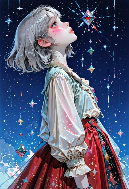 masterpiece, best quality, amazing quality, 1girl, solo, short hair, shirt, skirt, long sleeves, grey hair, cowboy shot, frills, puffy sleeves, from side, profile, red skirt, blue background, looking up, gem, star \(sky\), pale skin, puffy long sleeves, beads, Karinami Inkblush mode,thick ink outlines,soft marker gradients,era 2020s indie illustration,(Inkblush style:1.2),
<lora:DetailedEyes_V3:1> <lora:USNR_STYLE_ILL_V1_lokr3:0.45> usnr <lora:ponyv6_noobV1_2_adamW:0.9> <lora:GENESIS_MK0.2:0.5> <lora:KoreanStyleSDXLvpred10:1> AiKoreanStyle, lips, korean, asian <lora:KRGRL-IL:1>