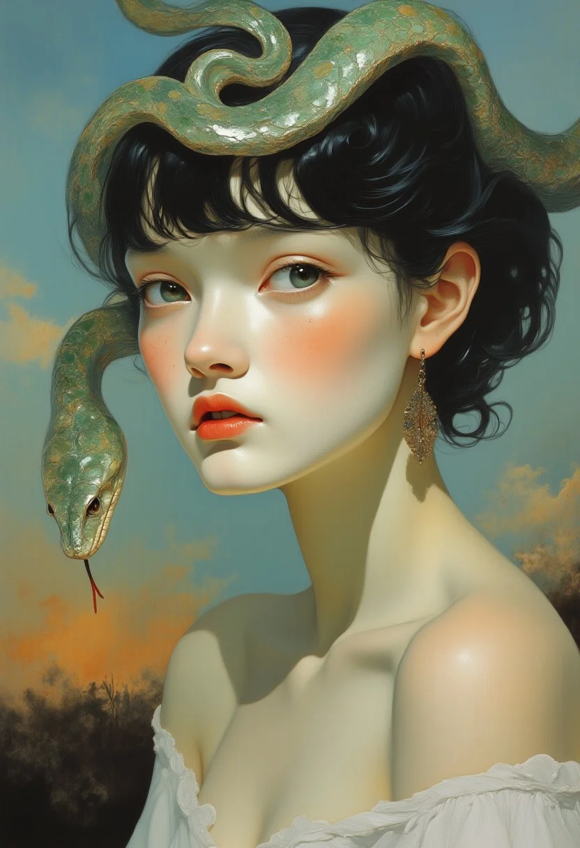 This photo shows a woman with a modern short haircut with a fringe. The woman stretches a magnificent big jade snake far into the air to show it off, reminiscent of the well-known film scene from The Lion King. A savannah landscape can be seen in the background. wShe has light-coloured skin with light freckles on her cheeks and nose, giving her a youthful appearance. She has a delicate, almost ethereal appearance with large, expressive blue eyes and a slight blush on her cheeks. She wears a simple, off-the-shoulder white top that exposes her shoulders and upper arms, which are slender and smooth. Her facial expression is pensive, with a slight furrow on her brow and a gentle, almost wistful gaze directed at the snake. The snake looks curiously and surprised at the viewer. shanshui, gongbihua