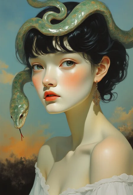This photo shows a woman with a modern short haircut with a fringe. The woman stretches a magnificent big jade snake far into the air to show it off, reminiscent of the well-known film scene from The Lion King. A savannah landscape can be seen in the background. wShe has light-coloured skin with light freckles on her cheeks and nose, giving her a youthful appearance. She has a delicate, almost ethereal appearance with large, expressive blue eyes and a slight blush on her cheeks. She wears a simple, off-the-shoulder white top that exposes her shoulders and upper arms, which are slender and smooth. Her facial expression is pensive, with a slight furrow on her brow and a gentle, almost wistful gaze directed at the snake. The snake looks curiously and surprised at the viewer. shanshui, gongbihua