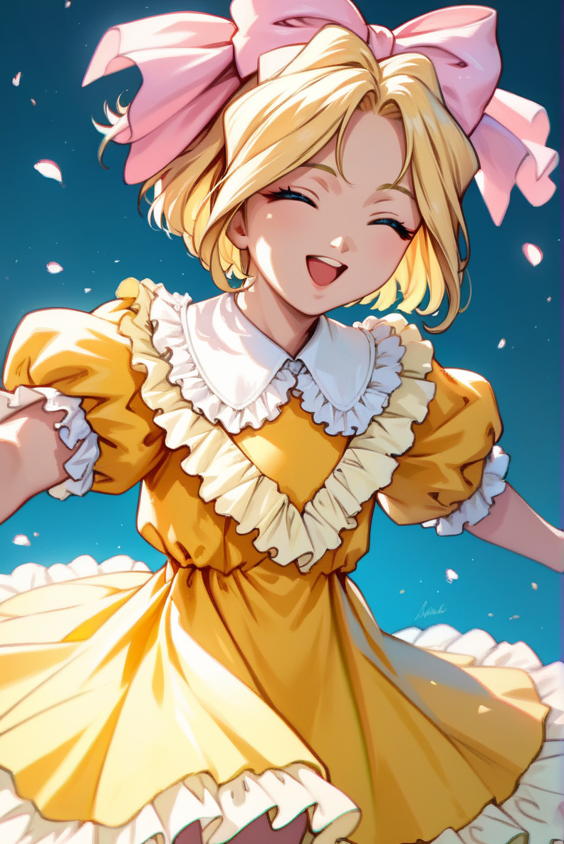 score_9, score_8_up, score_7_up, very aesthetic, source_anime, detailed, high quality, beautiful, masterpiece, detailed eyes,
simple background, blurry background,
<lora:lightXL:0.8>
cowboy shot, upper body,
open arms, running, spread arms, closed eyes, smile, open mouth,
 <lora:iris_autismConfetti_v01:0.95>flat chest,
irisBase, blonde hair, blue eyes, hair bow, pink bow, short hair, parted bangs,
yellow dress, frills, white puffy sleeves, short sleeves,  layered dress, lace  white socks,, zPDXL