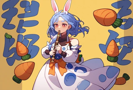 score_9, score_8_up, score_7_up, source_anime, simple background, yellow background, solo, 1girl, pekomamadef, mature female, kyoufuuallback, full body, holding flute, thick eyebrows, bunny-shaped pupils, rabbit ears, animal ear fluff, apron, dress, detached sleeves, bow, carrot hair ornament <lora:concept_kyoufuuallback_ponyXL:1> <lora:sppekomamadefXLPony:1>
