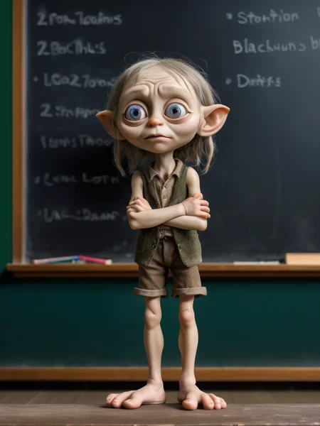 gollum as teacher, classroom, standing at the blackboard, cinematic, high quality detailed photo