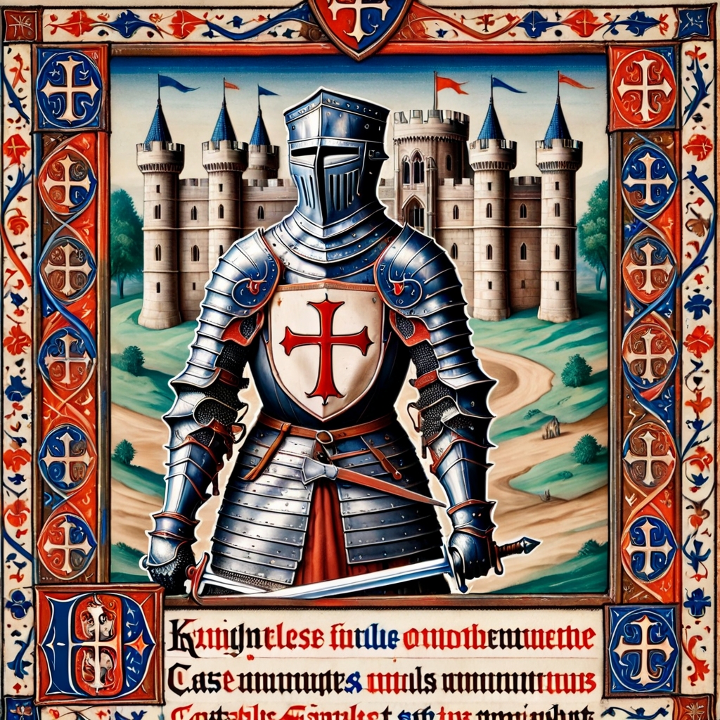 pam-mdvl, a knight, castle background,rectangular frame,texta, highly detailed, dynamic, masterpiece,intricate,hdr