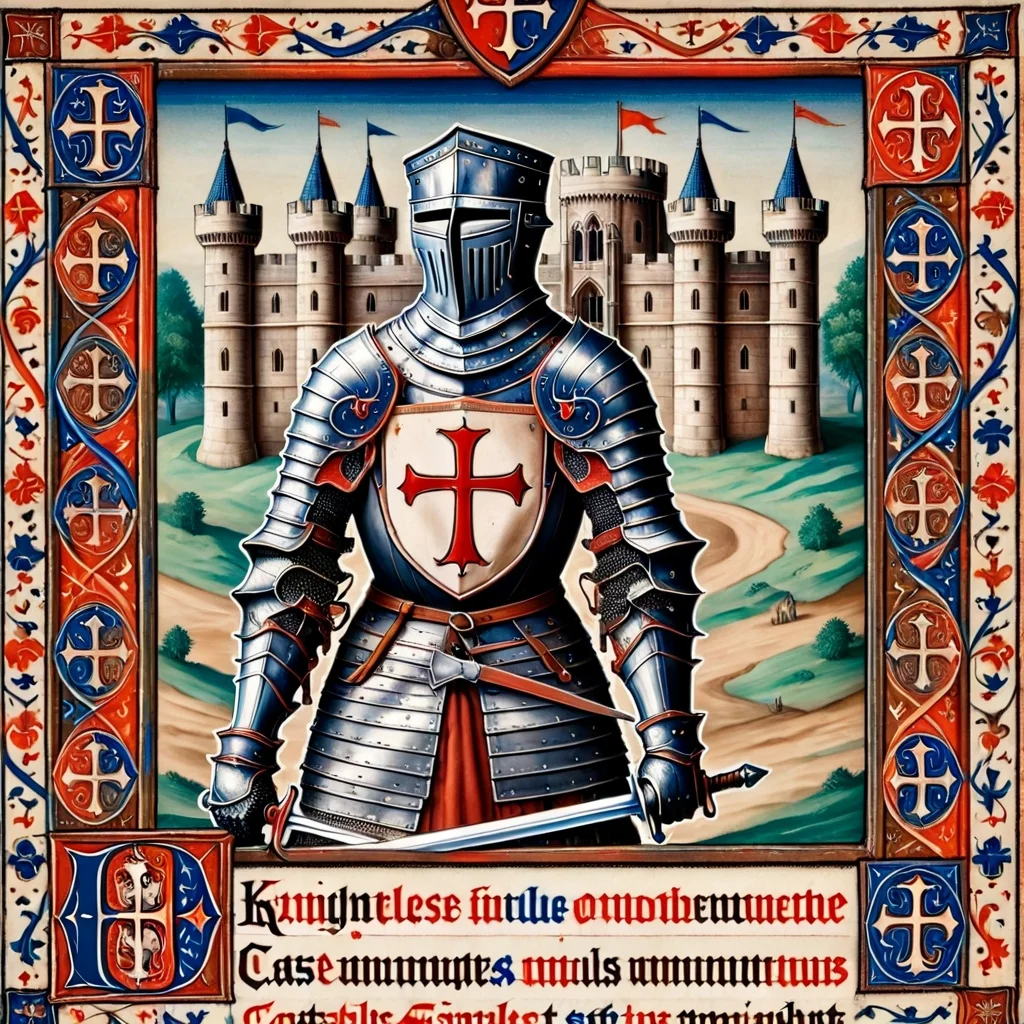 pam-mdvl, a knight, castle background,rectangular frame,texta, highly detailed, dynamic, masterpiece,intricate,hdr