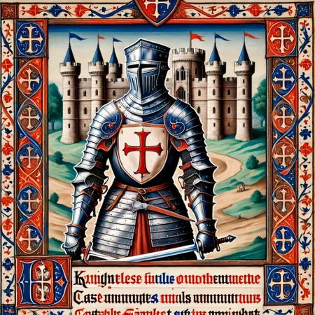 pam-mdvl, a knight, castle background,rectangular frame,texta, highly detailed, dynamic, masterpiece,intricate,hdr