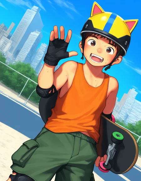 masterpiece, best quality, shounenzoom-style, 2015s, solo, outdoors, skatepark, cityscape, cowboy shot, dutch angle, 1boy, brown hair, brown eyes, looking at viewer, open mouth, smile, orange tank top, sweat, cargo shorts, blush, fake cat ears, helmet, knee pads, elbow pads, black fingerless gloves, waving, standing, holding skateboard <lora:shounen_zoom-naixl_vpred-v7Nd-ShoAI:1>