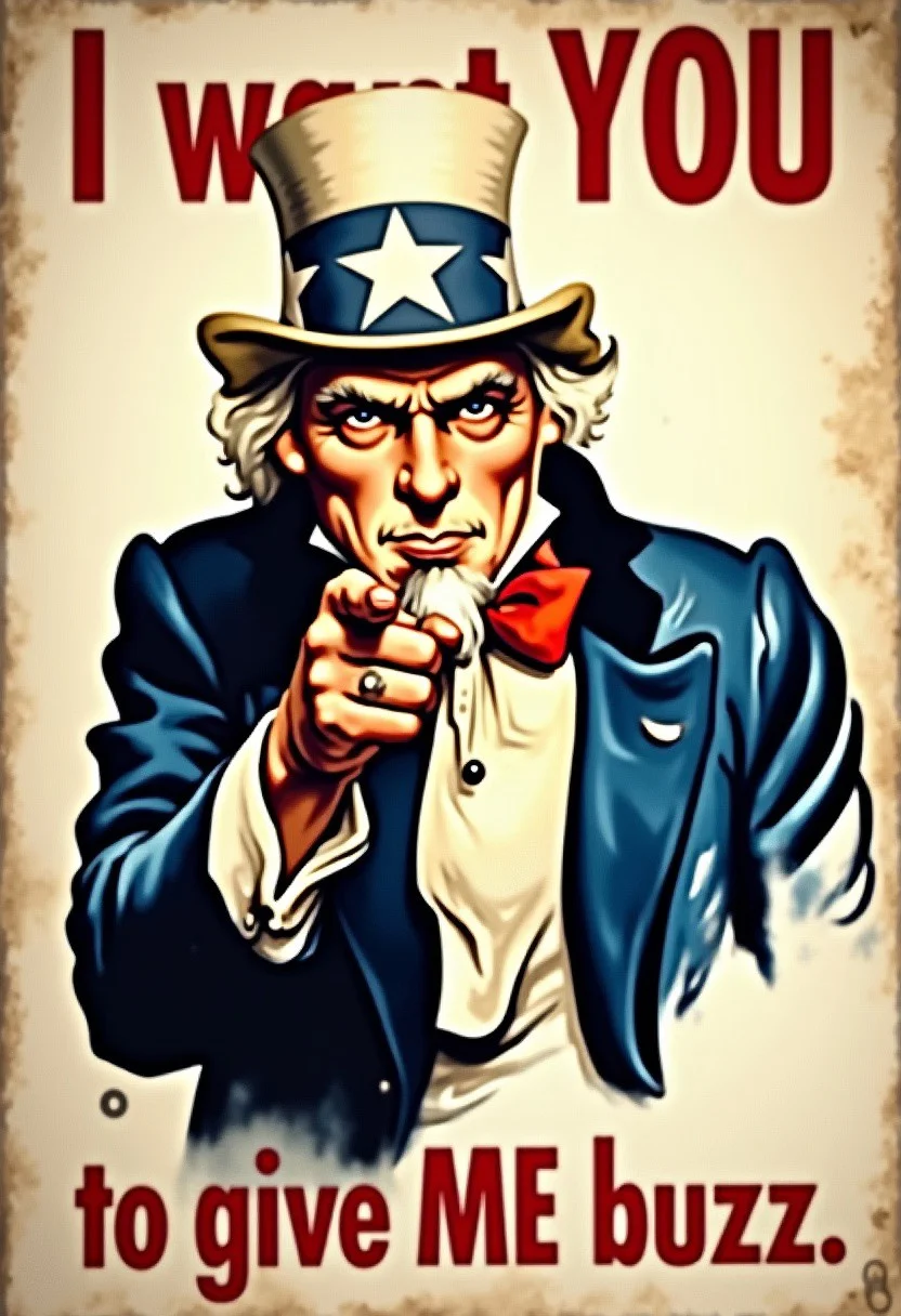 famous uncle Sam war poster, he is pointing at the viewer, words say "I want YOU" above uncle sam, words say "to give ME buzz" under uncle sam