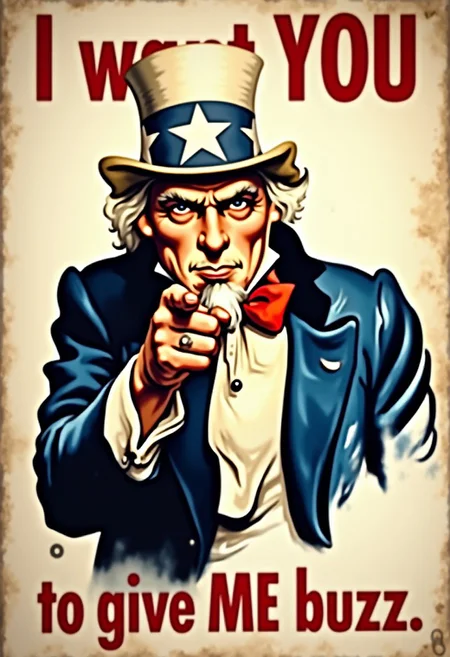 famous uncle Sam war poster, he is pointing at the viewer, words say "I want YOU" above uncle sam, words say "to give ME buzz" under uncle sam