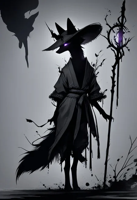 score_9,score_8_up,score_7_up,score_6_up,score_5_up,score_4_up, (((purple))), backlight colors, (silhouette:2), backlighting, rim lighting, glowing eyes, high contrast, vivid lighting, (((fox))), (solo), (solo:2), furry, (feral:1.5), forest, robe, wide-brim hat, (holding staff:1.2), fluffy tail, monochromemuse, monochrome, greyscale, rinotuna, dark aura