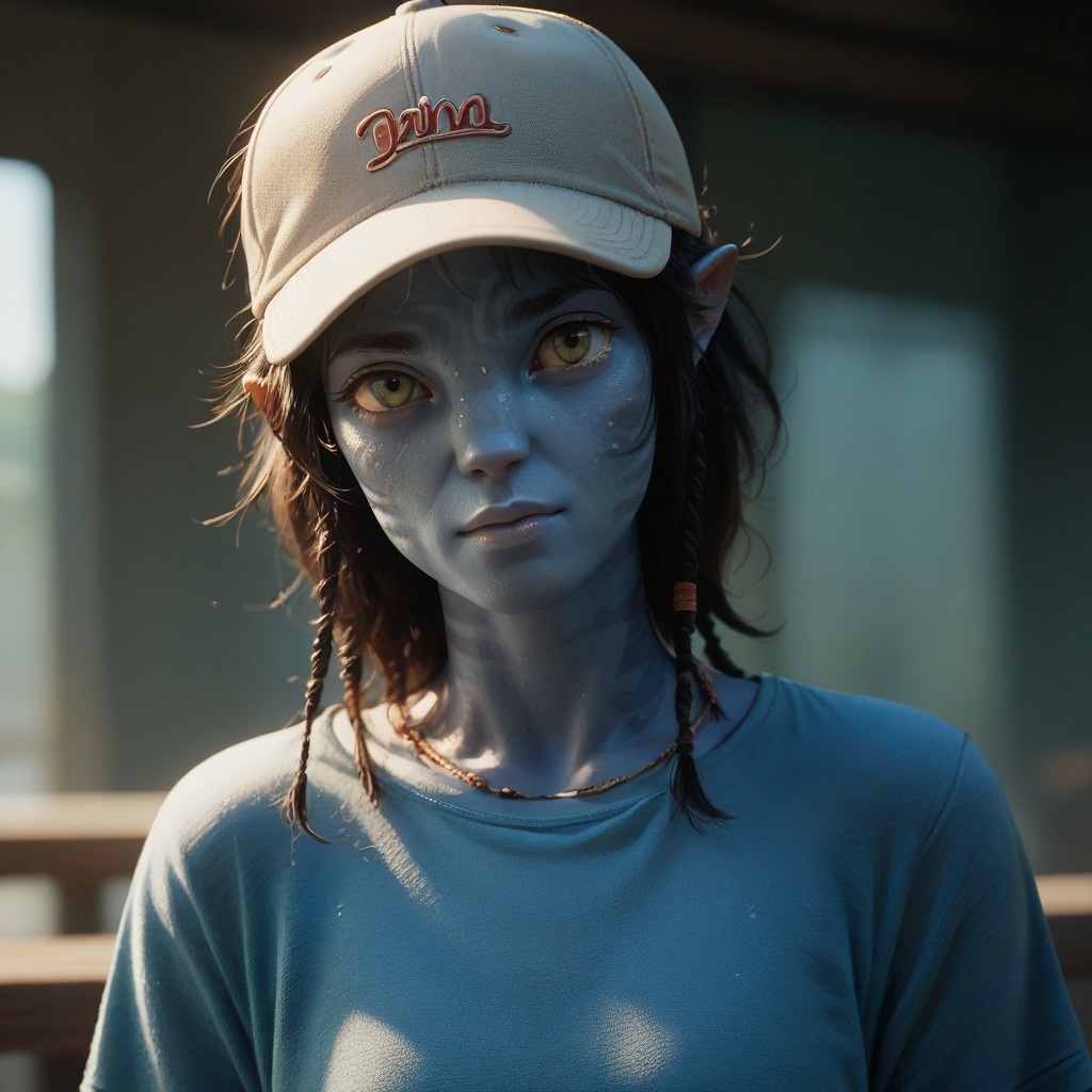 score_9, score_8_up, score_7_up, score_6_up, score_5_up, score_4_up, 1girl, Kiri, blue skin, Tshirt, baseball cap