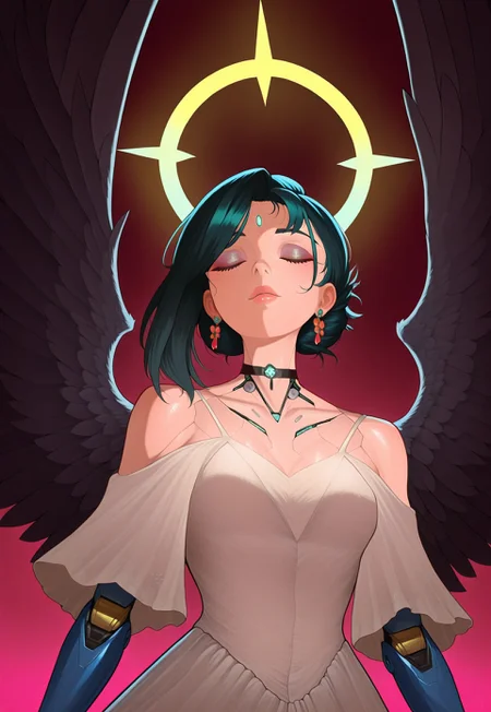 A science fiction scene with a solo cyborg girl, dressed in a torn white dress, floating with mechanical arms. She has short, black hair, wears jewelry including earrings and a choker, and has a glowing halo. Her eyes are closed as she smiles, with wings extending behind her. The lighting is soft and ethereal, creating a dreamlike atmosphere.
