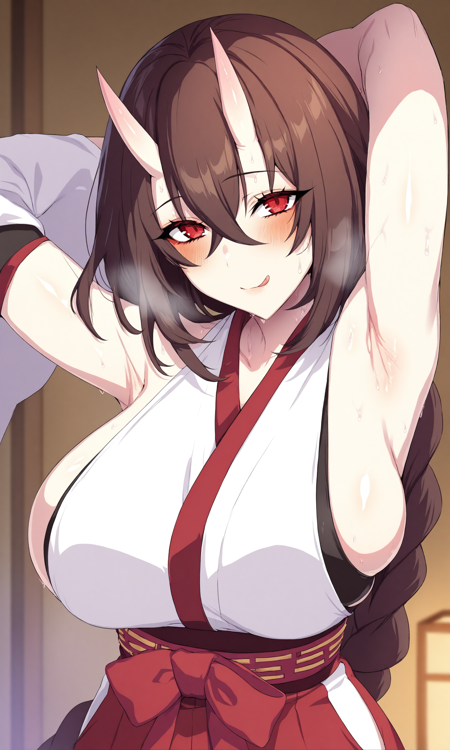 masterpiece, best quality, high resolution, absurdres, 1girl, punopustyle, brown_hair, long_hair, hair_between_eyes, red_eyes, skin-covered_horns, oni, single_braid, miko, red_hakama, sideboob, looking_at_viewer, armpits, sweat, female_focus, naughty_face, closed_mouth, tongue