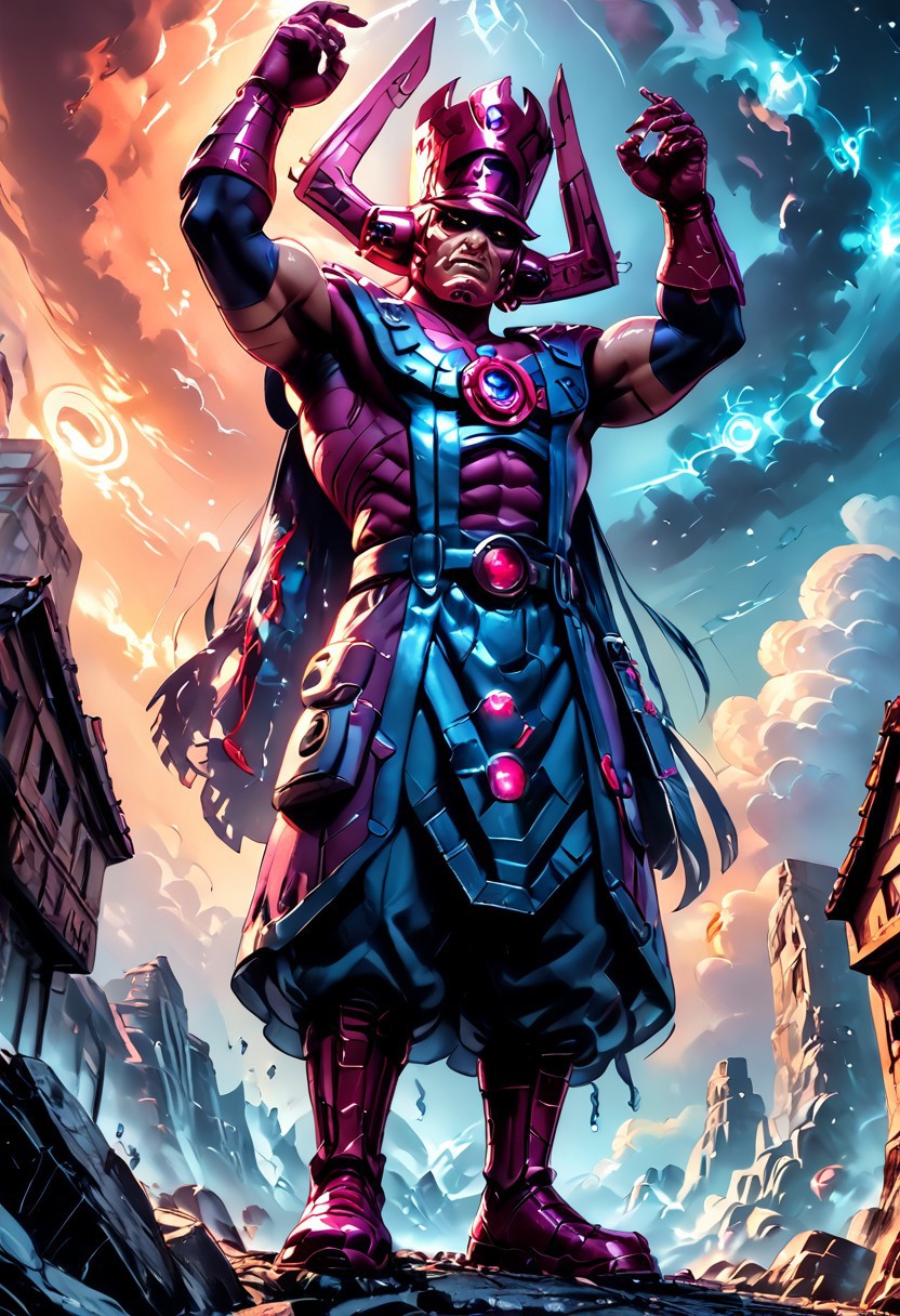 score_9, score_8_up, score_8, score_7_up, score_7, rating_safe, 1man, size difference, super scale, in the heavens, sky being, gigantic, colossal, huge, enormous, dwarfing the earth.
An anime-style, comic-inspired illustration capturing the head of Galactus looming ominously in the sky above a sprawling modern city skyline at dusk. Towering skyscrapers are dwarfed by his colossal presence, with swirling clouds and a dark, brooding color palette emphasizing the sheer scale and power of this cosmic entity. The mood is foreboding and filled with dread, as the citizens below witness Galactus’s massive, otherworldly form dominating the horizon in dramatic detail