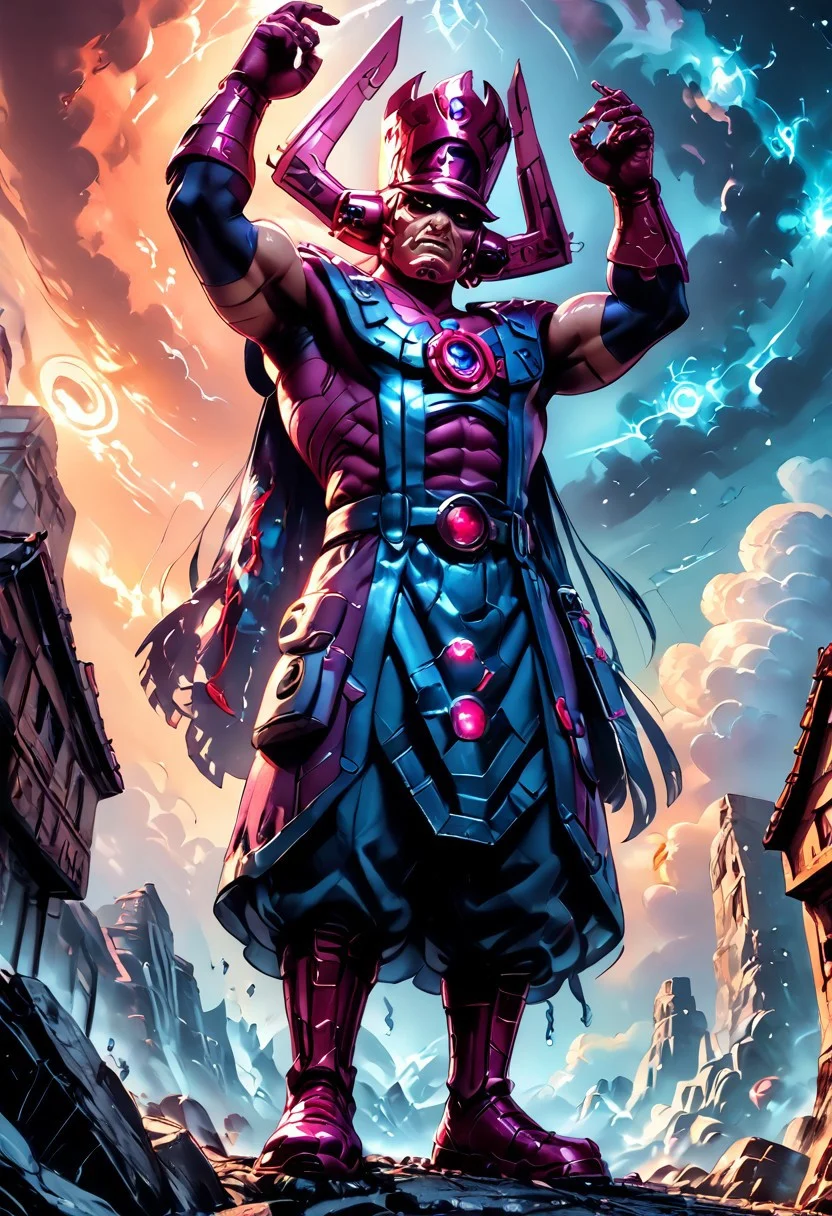 score_9, score_8_up, score_8, score_7_up, score_7, rating_safe, 1man, size difference, super scale, in the heavens, sky being, gigantic, colossal, huge, enormous, dwarfing the earth.
An anime-style, comic-inspired illustration capturing the head of Galactus looming ominously in the sky above a sprawling modern city skyline at dusk. Towering skyscrapers are dwarfed by his colossal presence, with swirling clouds and a dark, brooding color palette emphasizing the sheer scale and power of this cosmic entity. The mood is foreboding and filled with dread, as the citizens below witness Galactus’s massive, otherworldly form dominating the horizon in dramatic detail