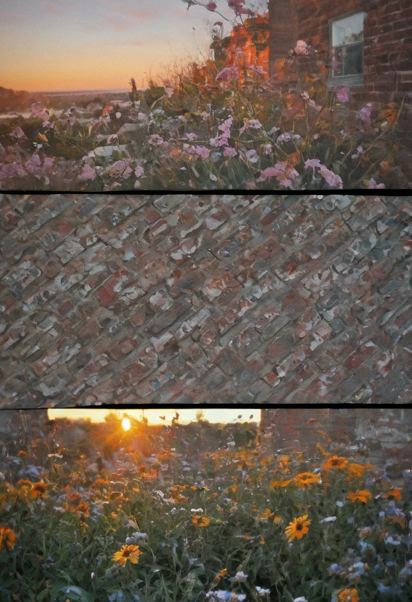 impressionist painting, sunset, eye, brick, flower