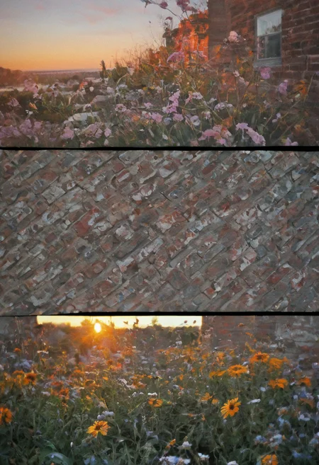 impressionist painting, sunset, eye, brick, flower