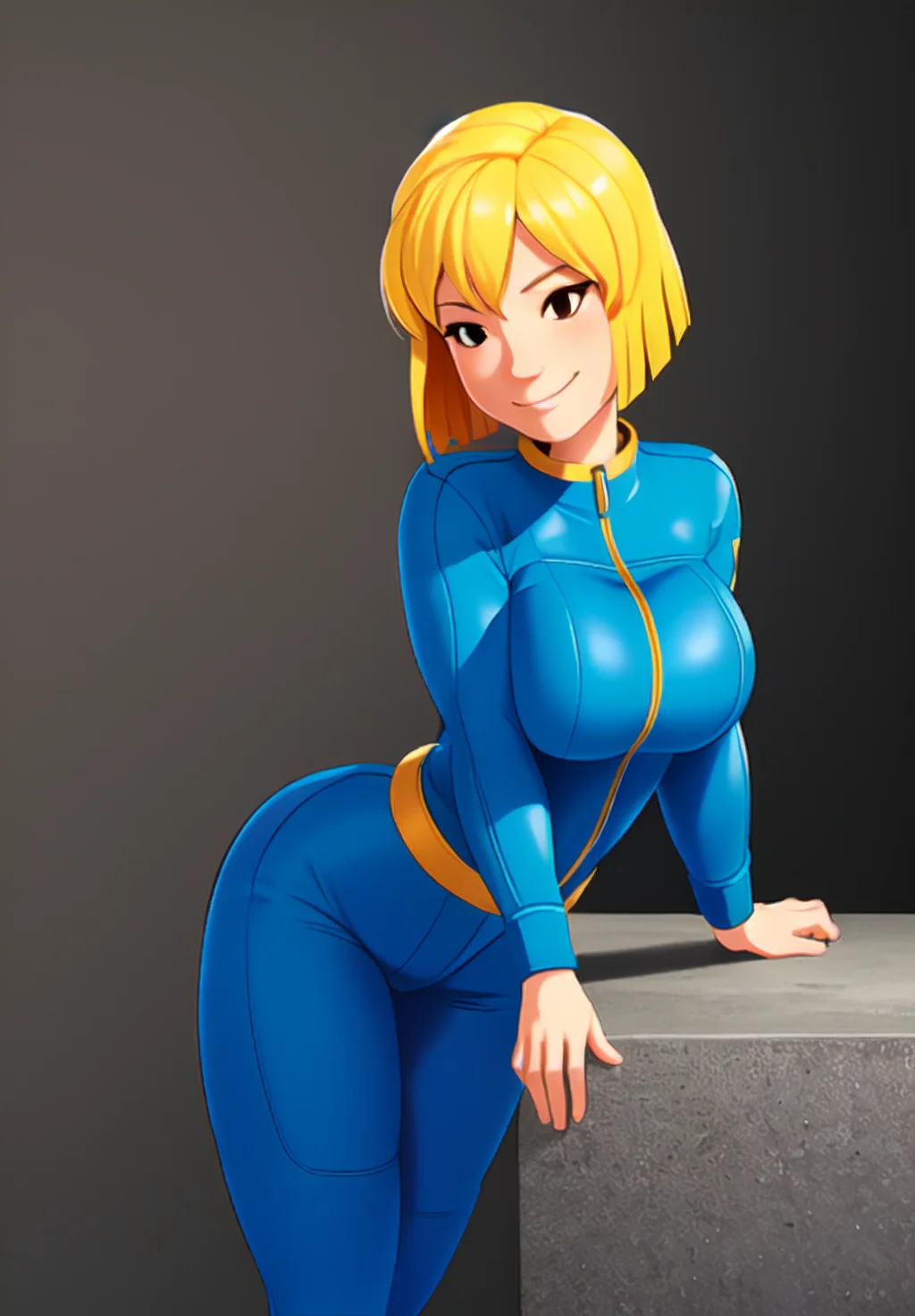 sfw, <lora:vault-girl:0.8>, vault-girl, 1girl, solo, smirk, leaning forward,, (masterpiece, best quality, absurdres, detailed, ultra-detailed:1.3), gorgeous, (trending on CGSociety, trending on pixiv, contest winner:1.3)