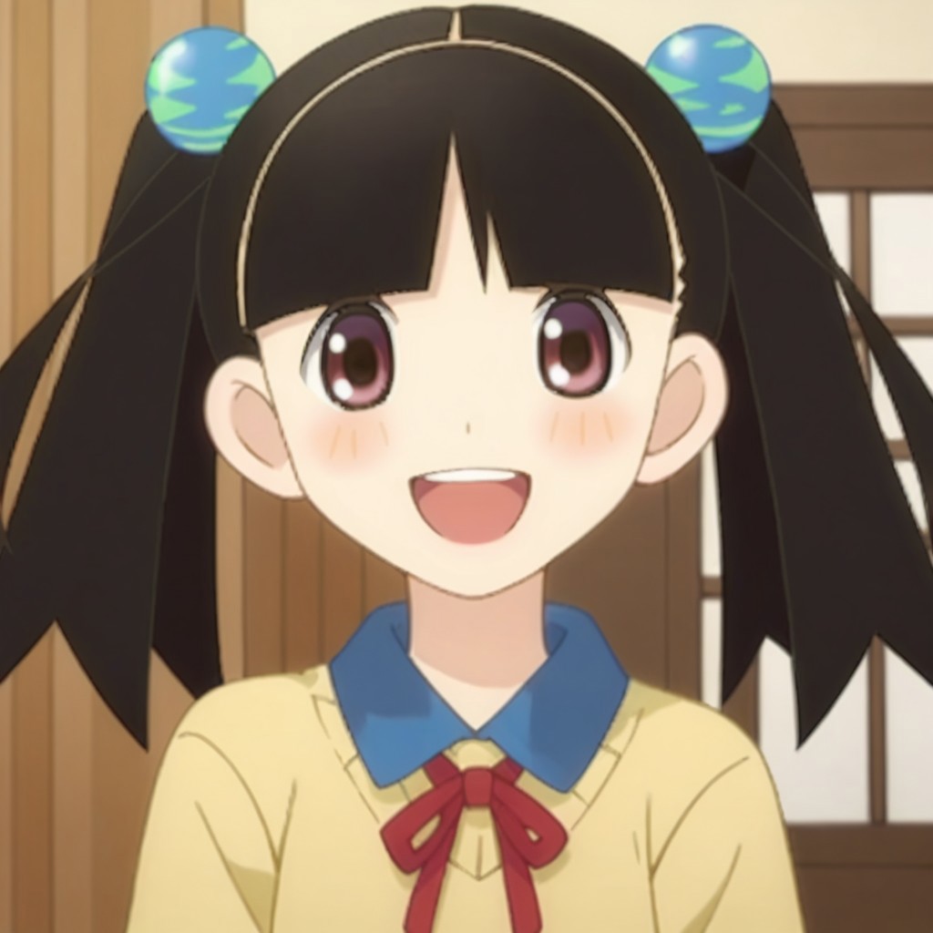score_9, score_8, score_7, source_anime, otonashi meru, twintails, hair bobbles, POV, looking at viewer, blush, smile, open mouth, upper teeth only