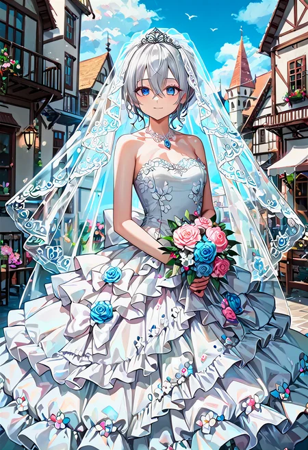 <lora:WD-XLPony_006:0.7>, 
1girl, silver, hair between eyes, wedding dress, clothing with intricate frills and embroidery, bridal veil, luxurious clothing, 
village, 
detailed background, incredibly absurdres, colorful, 
HD, hyper detailed, ultra detailed, score_9, score_8_up, score_7_up, source_anime, perfect anatomy, masterpiece, best quality, very aesthetic