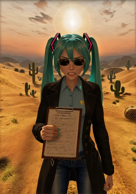 masterpiece, realistic, scenery, 1girl, solo, hatsune miku, aqua twintails, sunglasses, sweating, black trench coat unbuttoned, blue shirt with no logo, blue jeans, black boots, upper body, POV view, (holding petition clipboard:1.4), intense expression, windblown hair, scorching sun, sunset sky, sun flare, glowing cloud edges, cinematic contrast, strong rim lighting, dynamic thumbnail framing, warm haze, thumbnail composition, outdoors, desert mountains, desert landscape, road, grass, cactus, tumbleweed, shrubbery, <lora:POSTAL_2_Style_Lora_V1.0_ILXL_DIM16_E10:1> <lora:dmd2_sdxl_4step_lora:1>