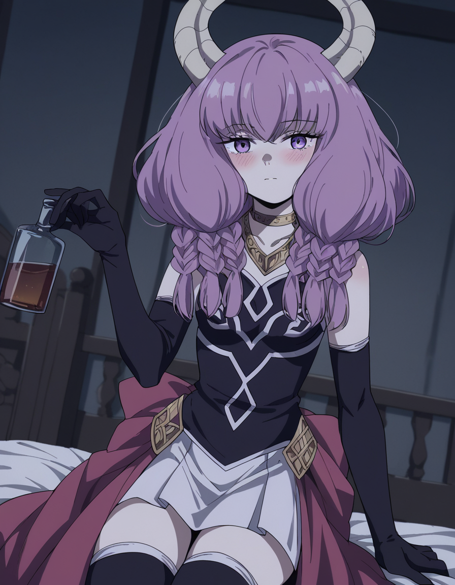 score_9, score_8_up, score_7_up, source_anime,
auratheguillotine, <lora:aura-the-guillotine-s1-ponyxl-lora-nochekaiser:1>,
aura the guillotine, long hair, purple eyes, purple hair, braid, horns, twin braids,
skirt, thighhighs, gloves, choker, black gloves, elbow gloves,
indoors, bed, bed room, on side, blush, drunk,
cowboy shot, solo, dutch angle, looking at viewer,