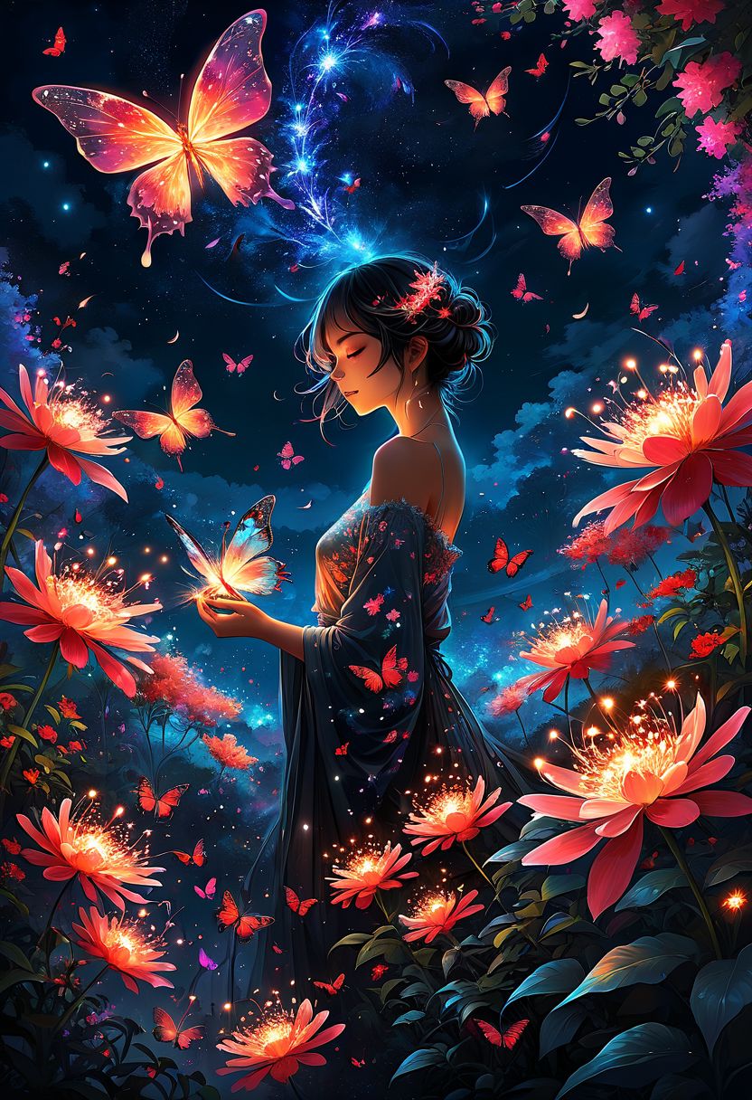 style by Yuumei,best quality,high resolution,8k very aesthetic,mesmerise celestial fireworks starry sky,floral atmosphere,vibrant godray effect on a realistic,hyperdetailed vibrant glowing petal,luminous foliage,dreamlike wonderland-garden naughty butterflies slutty  inspired by Yuumei huge busy extremely detailed scene
