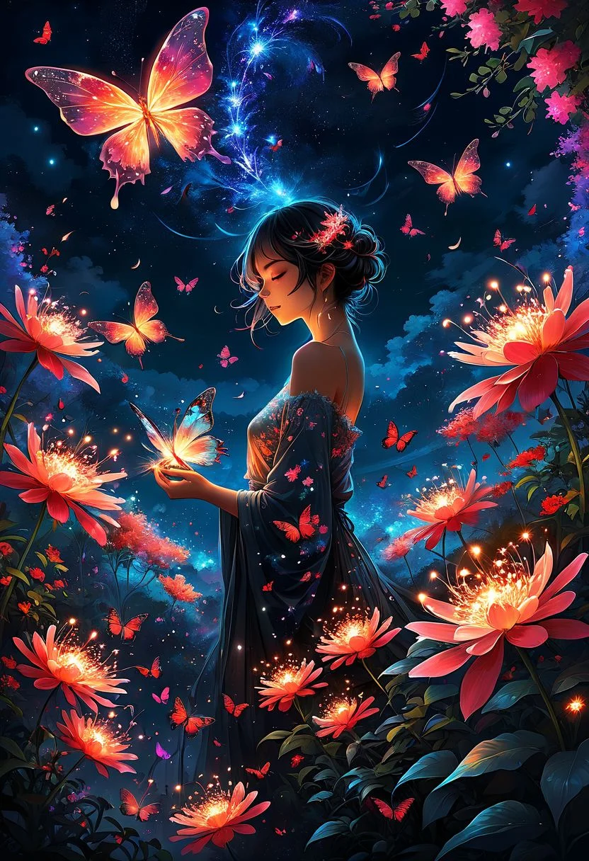 style by Yuumei,best quality,high resolution,8k very aesthetic,mesmerise celestial fireworks starry sky,floral atmosphere,vibrant godray effect on a realistic,hyperdetailed vibrant glowing petal,luminous foliage,dreamlike wonderland-garden naughty butterflies slutty inspired by Yuumei huge busy extremely detailed scene