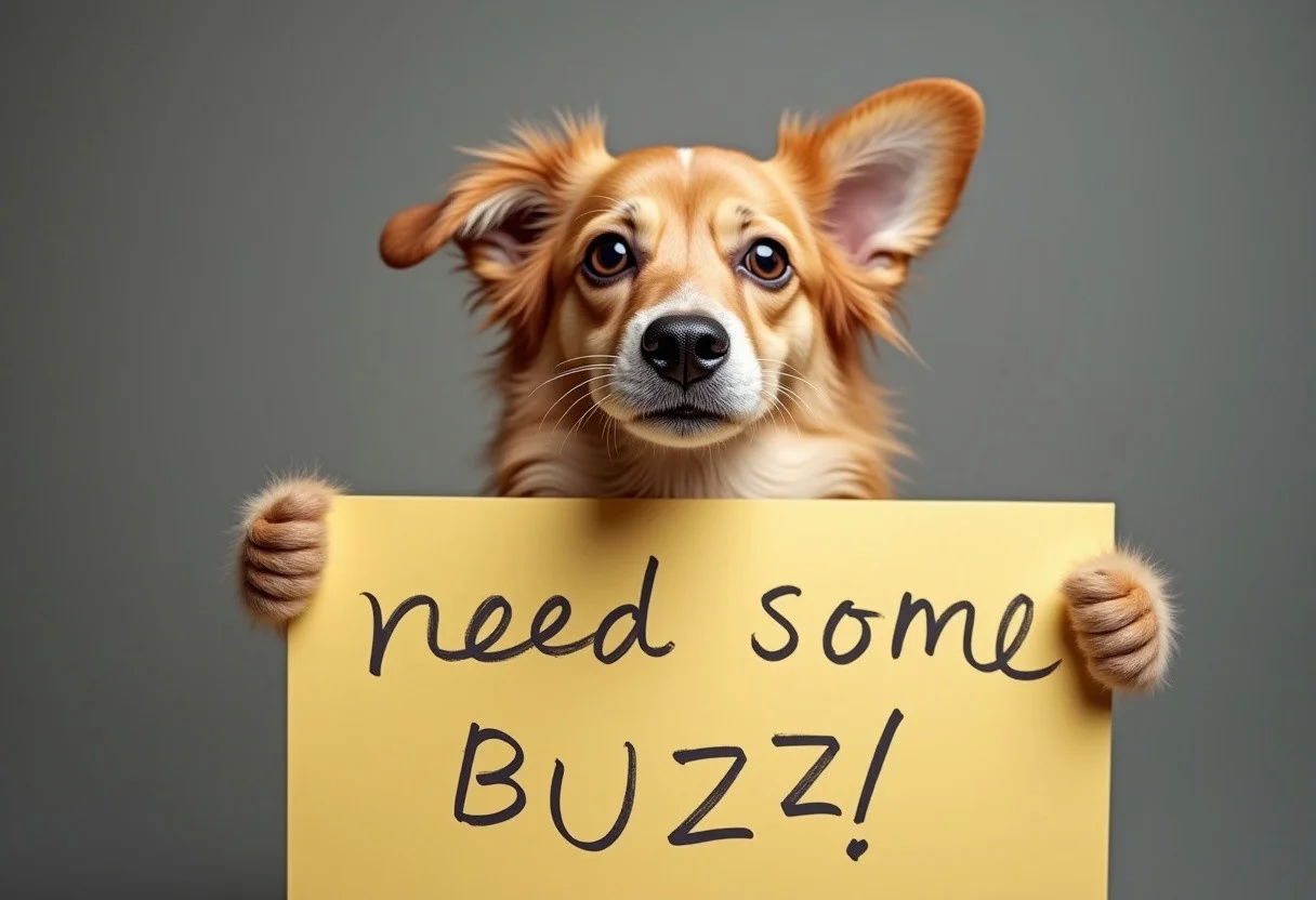 cute  dog  holding a sign say "need some buzz "