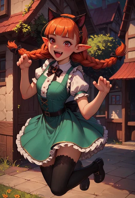 score_9_up, score_8_up, score_7_up, score_6_up, 1girl, 25 years old, perfect face, cute, petite,
red eyes,
ginger hair, cat ears, braid, twin braids, fang, hair bow, pointy ears, blunt bangs, fang, detached collar,
black bow, green dress, frilled dress, frills,
black thighhighs,
excited, open mouth, jumping,
village,