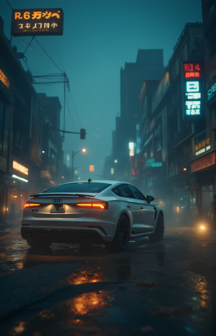 a white audi s5 b9 coupe  relaxing on a roof-top, glowing windows inside, grunge, night sky, neon signs, busy cyberpunk back alley, glow beyond,, <lora:- Flux1 - soothing_atmo_V2.0:.7>