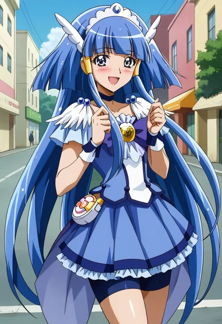 score_9, score_8_up, score_7_up, score_6_up, score_5_up, score_4_up, masterpiece, best quality, very aesthetic, absurdres, source_anime, beautiful eyes, BREAK, 1girl, solo, smapri, curebeauty, shiny skin, BREAK looking at viewer, smile, embarrassed, blush, open mouth, sexy pose, outdoors, street, day, cowboy shot,