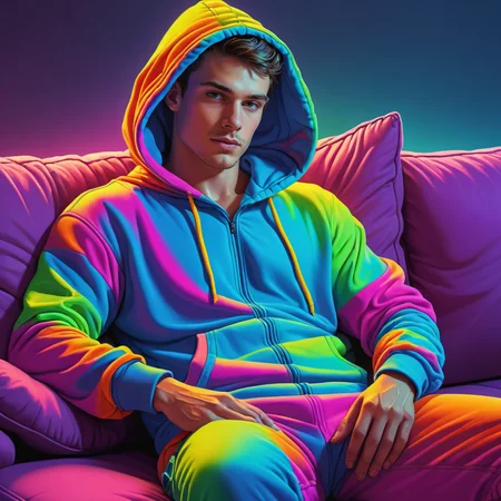 Athletic young man relaxing on a couch in a hooded onsie, vibrant rainbow neon color, illustration, cartoon, highly detailed, high quality,
