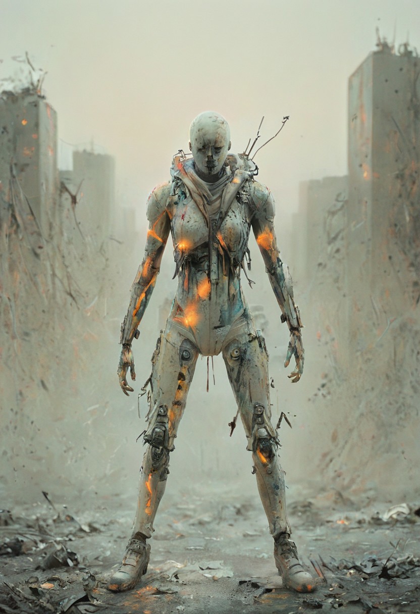 a combat cyborg, damaged, looking at the sunset over a faraway distopian city, colorful, muted rusted eroded paint, looking defeated,