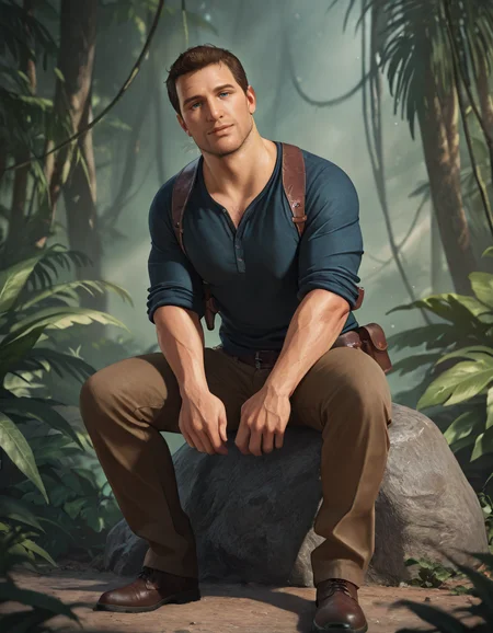 masterpiece, best quality, absurdres, newest, perfect quality, best quality, absolutely eye-catching, detailed background, intricate details, male focus, solo, realistic, <lora:Uncharted - Nathan - Illustrious-000006:0.8>, uncharteddrake, 1boy, mature male, very short hair, blue eyes, stubble, body hair, dark blue shirt, sleeves rolled up, untucked shirt, outdoors, jungle, looking at viewer, head tilt, shoulder holster, belt, brown pants, brown shoes, sitting on rock, belt pouch