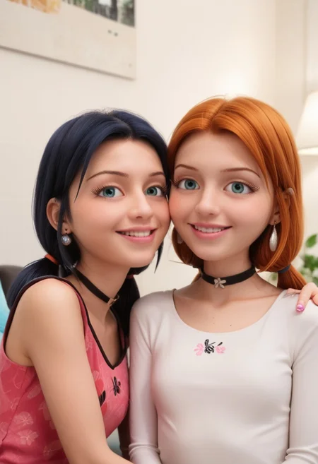 score_9, score_8_up, score_7_up, score_6_up,
2girls, sitting together, on a couch, (leaning against each other, head on shoulder, cheek to cheek:1.4),
1girl, Sabrina Raincomprix, long hair, orange hair, green eyes, fair skin, earrings, white blouse, choker,
1girl, Marinette Dupain-Cheng, long hair, bright bluebell eyes, black hair, twin tails, earrings, red blouse, choker,
perfect eyes, real skin, amateur, photo, solo, perfect face, perfect eyes, sexy, beautiful eyes, petite body,
masterpiece, best quality, amazing quality,
heavy blush, thick dark eyelashes, tiny body,
(skinny girl), on a couch, family home, living room, wall pictures, plants,
blurry background, lot of people in background, shy expression, depth of field, volumetric lighting, biting lips, vibrant colors, intricate details,
smiling, teeth, arms crossed, close up on face, real skin,