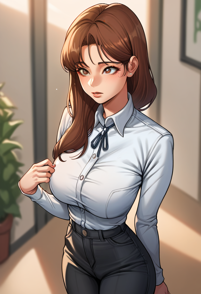 score_9, score_8_up, score_7_up, score_6_up, source_anime, <lora:roborobocap_v0.3-pony:1> 
1girl, solo, oh seoyeon, brown hair, long hair, bangs, brown eyes, 
collared shirt, black pants,