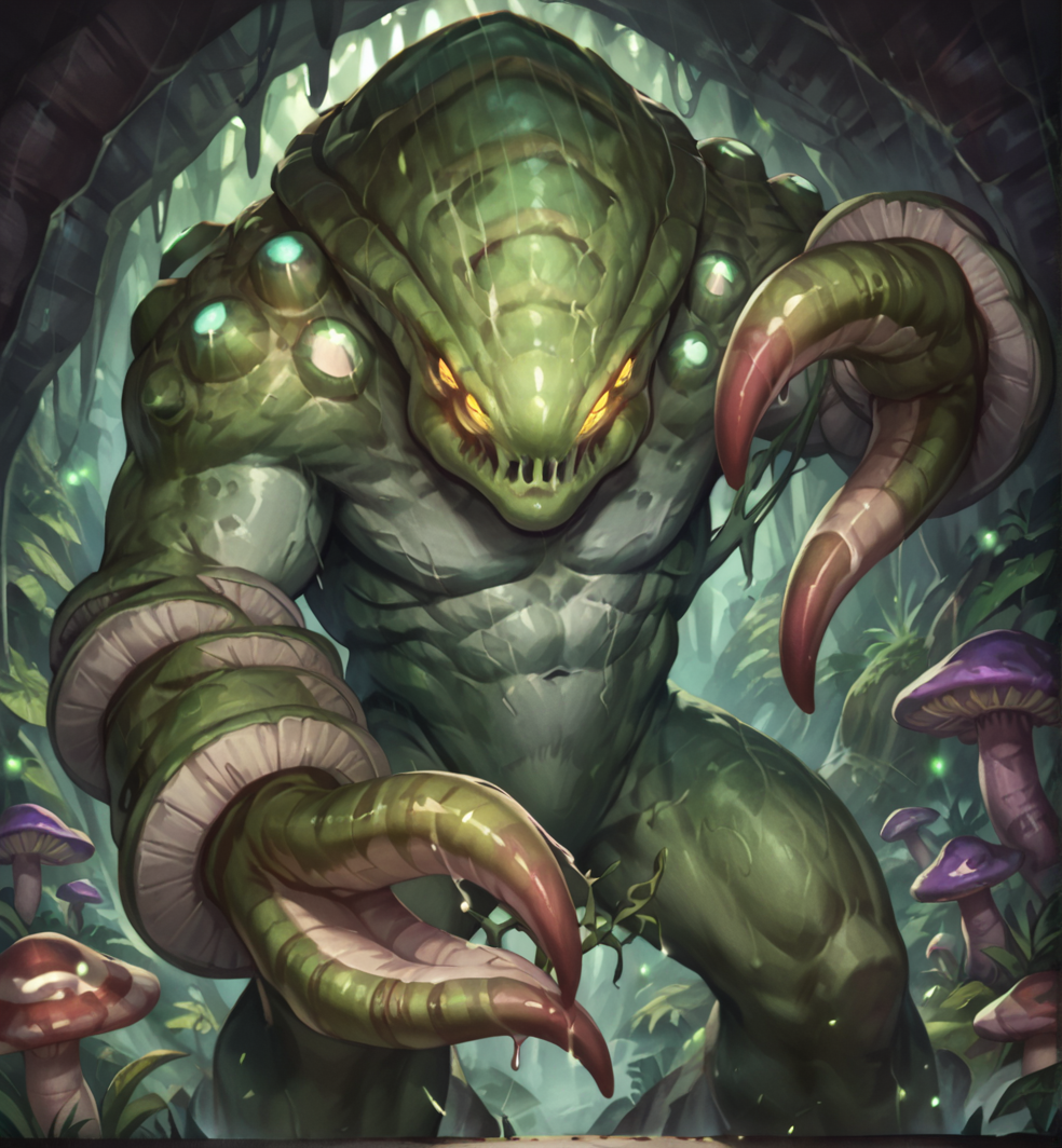 score_9_up,score_8_up,score_7_up,score_6_up,score_5_up,score_4_up, detailed, (best quality:1.2), hi res, digital media \(artwork\), source_furry, source_monster, BREAK,
fungal cave, mushrooms, spores, standing, arm raised, attacking,
fungalGiant, monster, creature, glowing eyes, four eyes, yellow eyes, (tentacle hands), hunchback, muscular, wide chest, large shoulders, thick thighs, pectorals, thick legs, thick arms, mushroom cap arms, textured skin, glowing shoulders , ((three tentacle fingers)), (thick legs),
<lora:Fungal_Giant_for_PonyXL:0.8>, <lora:AdvancedEnhancerXLv2:3>