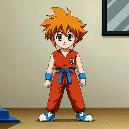 source_anime,anime screencap, anime coloring,intricate details,rating_safe, masterpiece, best quality, (best quality, absurd res, ultra detailed), ((solo)), good eyes,perf <lora:Yu_Tendo:0.9> ((yu_tendo, 1boy, orange hair, green eyes, smile,)) <lora:gokudb_pony_v3:0.5> (clothes writing, blue footwear, dougi, monkey tail, white legwear, symbol, red topwear, red pants, print topwear, blue wristband, blue sash, sleeveless, socks, shoes,nyoibo, weapon on back,)), ((tournament, tournament arena, world tournament, tenkaichi budokai)) <lora:intricate_details:1.4> intricate_details_xl