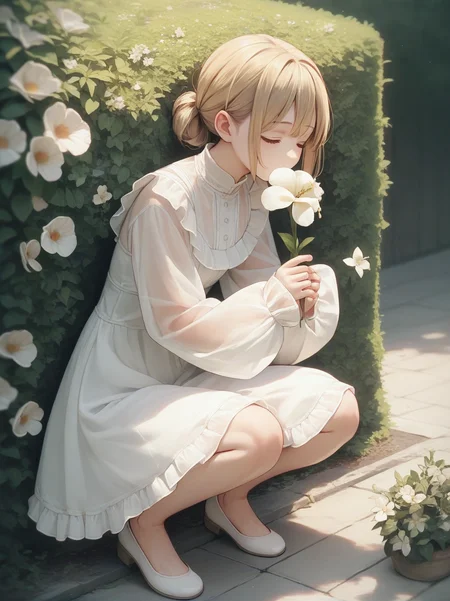 score_9, score_8_up, score_7_up, score_6_up, source_anime, <lora:cutesy_dress_v0.2-pony:1> 
1girl, brown hair, blonde hair, 
white dress, frilled dress, sleeves past wrists, see-through,
squatting, smelling, holding flower, closed eyes,