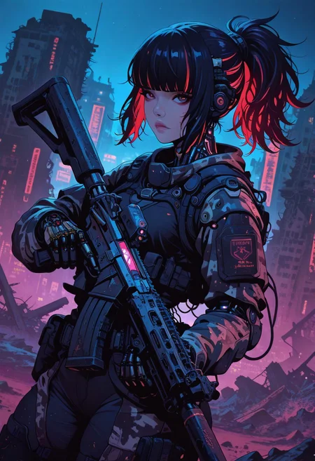<lora:ck-nc-cyberpunk-IL-000011:0.4>, masterpiece, best quality, good quality, very aesthetic, absurdres, newest, 8K, depth of field, focused subject,
dynamic angle, side view, action shot, 1girl, cyberpunk cyborg, looking at viewer, fierce look, (camouflage glowing hair:1.2), black hair, red highlights in hair, ponytail hair, bangs, the cyborg is very sinister and dangerous, cross_draw, AR15 rifle, assault rifle, rifle_draw, one_hand_on_trigger, trigger discipline, black desert, arid environment, city, ruins, nightvision, at night,