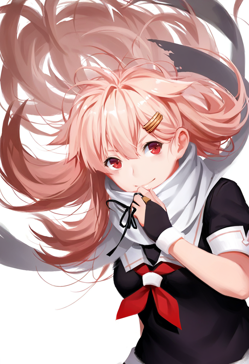 1girl, solo, long hair, yuudachi \(kancolle\), yuudachi kai ni \(kancolle\), red eyes, hair ornament, school uniform, scarf, hairclip, serafuku, ribbon, hair flaps, smile, gloves, fingerless gloves, upper body, hair ribbon, blonde hair, white background, simple background, neckerchief, floating hair, red neckerchief, short sleeves, pink hair, black ribbon, black serafuku, looking at viewer, black gloves, white scarf, messy hair <lora:solaXL_NBVP1_lokr_V6311P:0.95>