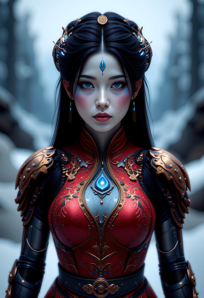 a post-apocalypse portrait of a young beautiful ninjapunk Chinese woman with mechanical_arms and pale skin and long dark hair, blue mystical make up, striking white eyes with , pale blue lips. She wears an ornate, traditional garment in red gold and blue with dragon-like designs on the shoulders. Set against a blurred snowy landscape with dark rocks and trees creating a serene mystical atmosphere. The style focuses on realistic textures, intricate details, and ethereal beauty, evoking a contemplative, mystical mood.   <lora:art and styles/MysticFantasy.safetensors:1.0>,  <lora:flux/flux_realism_lora.safetensors:1.0>,