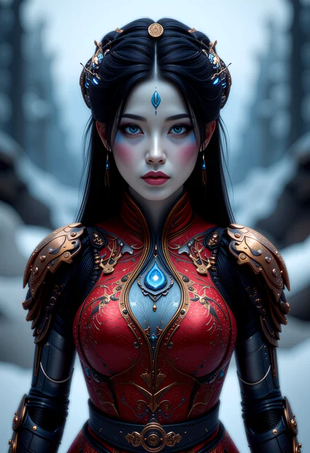 a post-apocalypse portrait of a young beautiful ninjapunk Chinese woman with mechanical_arms and pale skin and long dark hair, blue mystical make up, striking white eyes with , pale blue lips. She wears an ornate, traditional garment in red gold and blue with dragon-like designs on the shoulders. Set against a blurred snowy landscape with dark rocks and trees creating a serene mystical atmosphere. The style focuses on realistic textures, intricate details, and ethereal beauty, evoking a contemplative, mystical mood.   <lora:art and styles/MysticFantasy.safetensors:1.0>,  <lora:flux/flux_realism_lora.safetensors:1.0>,