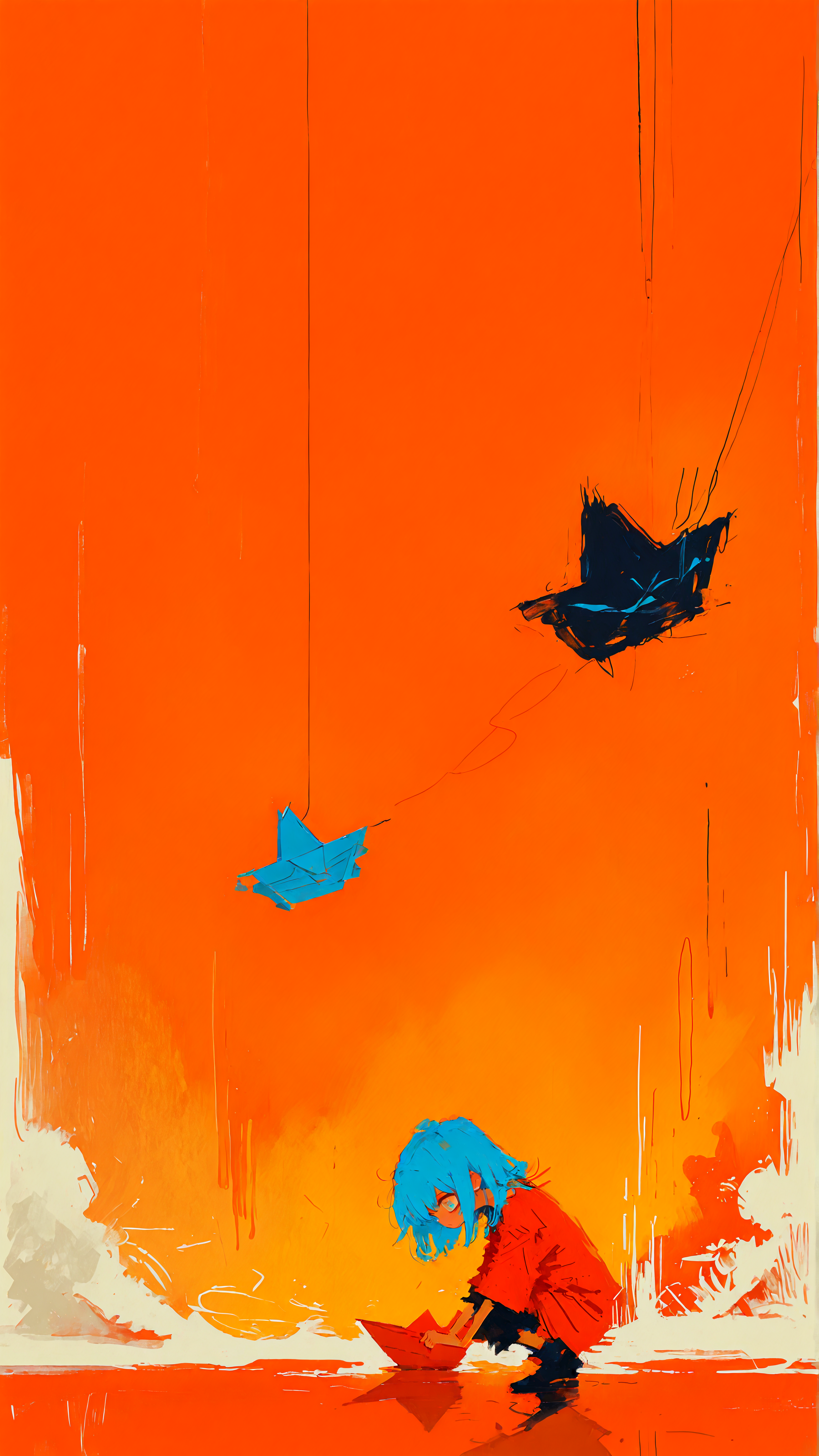 masterpiece, newest,absurdres,incredibly absurdres, best quality, amazing quality, very aesthetic, retro artstyle, abstract, orange theme,
1girl, blue hair, paper boat, child's drawing, 
<lora:XXX477:0.6> xxx667_illu, <lora:ka_marukogedago:0.6> k4_illu,  <lora:fuyumur4s4ki_style:1> fuyumur4s4ki_illu