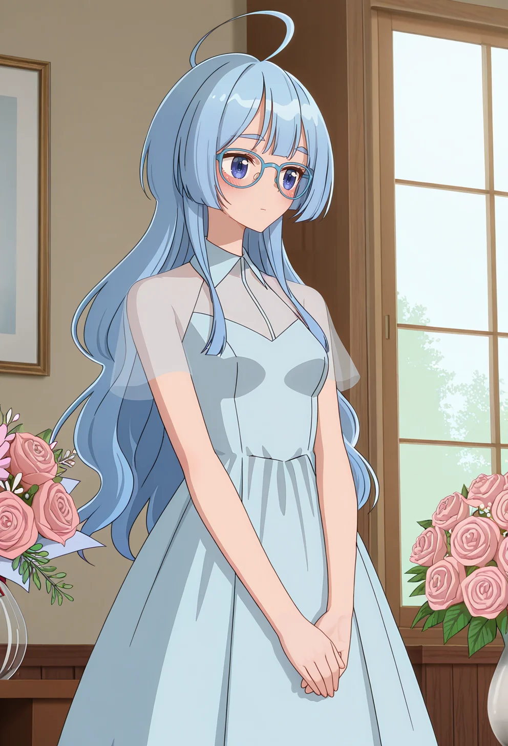 <lora:SEIHA SHIUNJI:1>,
SEIHA SHIUNJI, solo, ahoge, glasses, flower, dress, pink flower, blue dress, own hands together, bouquet, short sleeves, indoors, v arms, small breasts, blush, sidelocks, pink rose, see-through, rose
