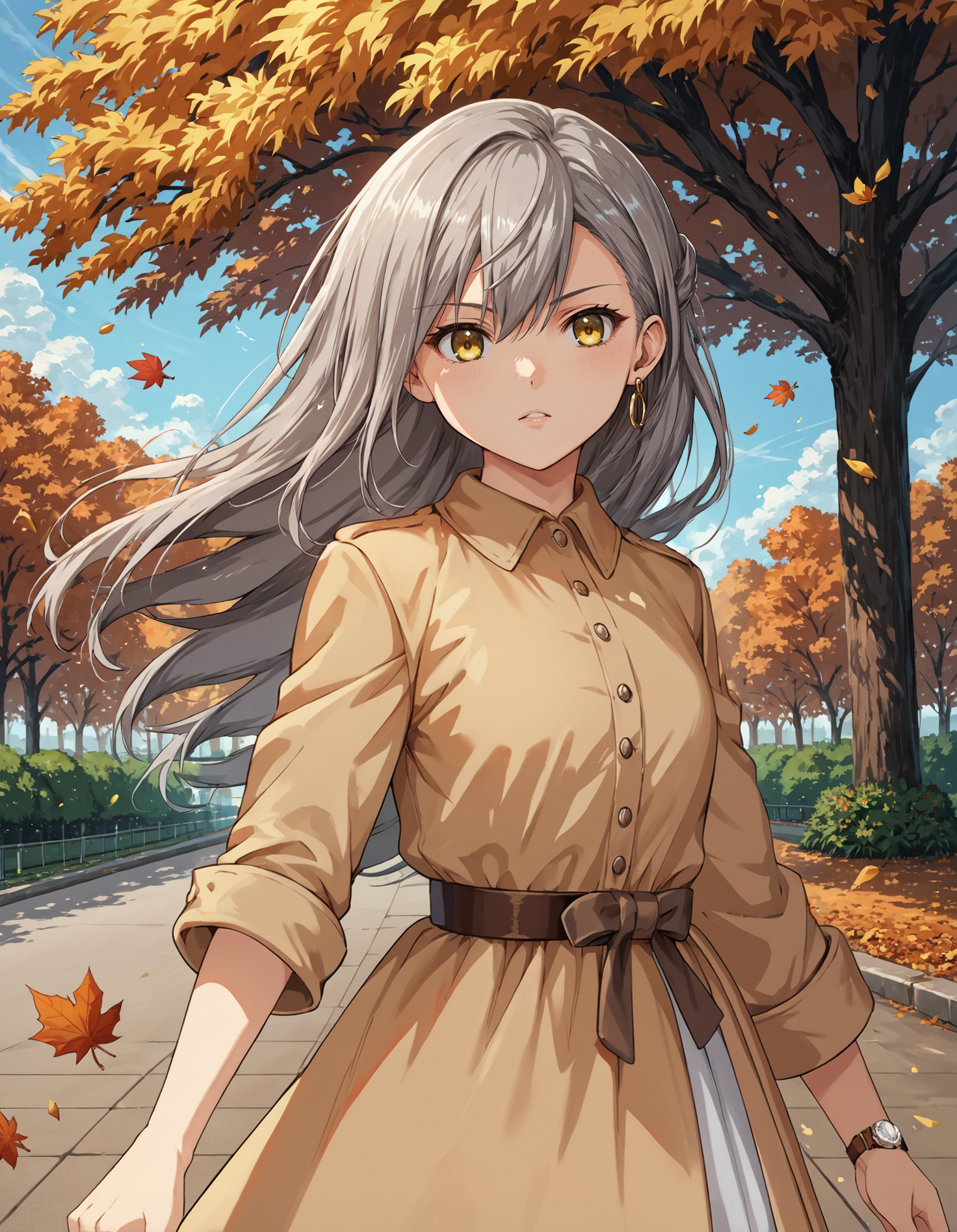 score_9, score_8_up, source_anime, 1girl, upper body, medium shot, detailed, mgrckurehayuna, grey hair, long hair, yellow eyes, single earring, orange trench coat, brown belt, wristwatch, dynamic pose, wind, outdoors, park, day, autumn, <lora:mgrckurehayuna_XL:1>