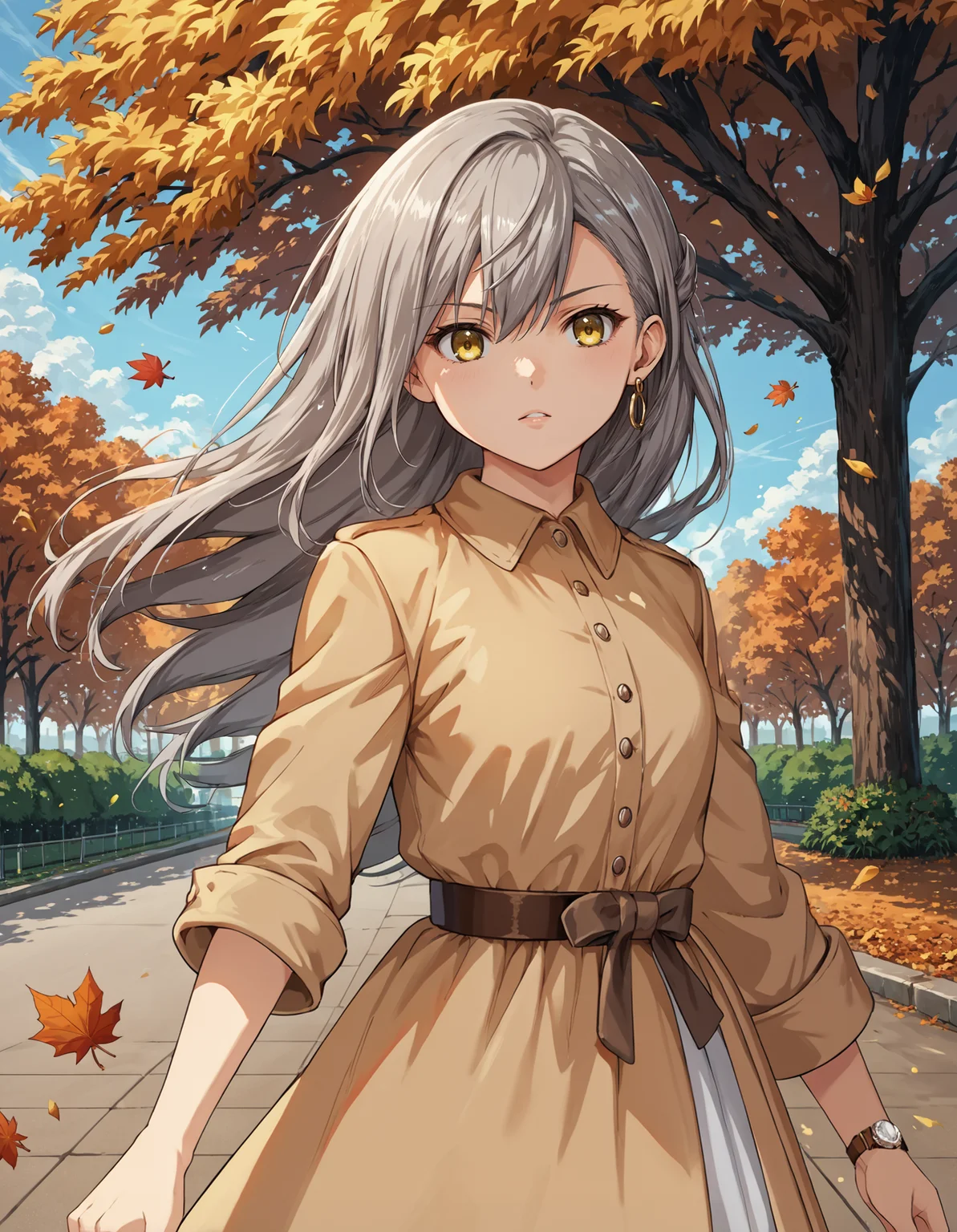score_9, score_8_up, source_anime, 1girl, upper body, medium shot, detailed, mgrckurehayuna, grey hair, long hair, yellow eyes, single earring, orange trench coat, brown belt, wristwatch, dynamic pose, wind, outdoors, park, day, autumn, <lora:mgrckurehayuna_XL:1>