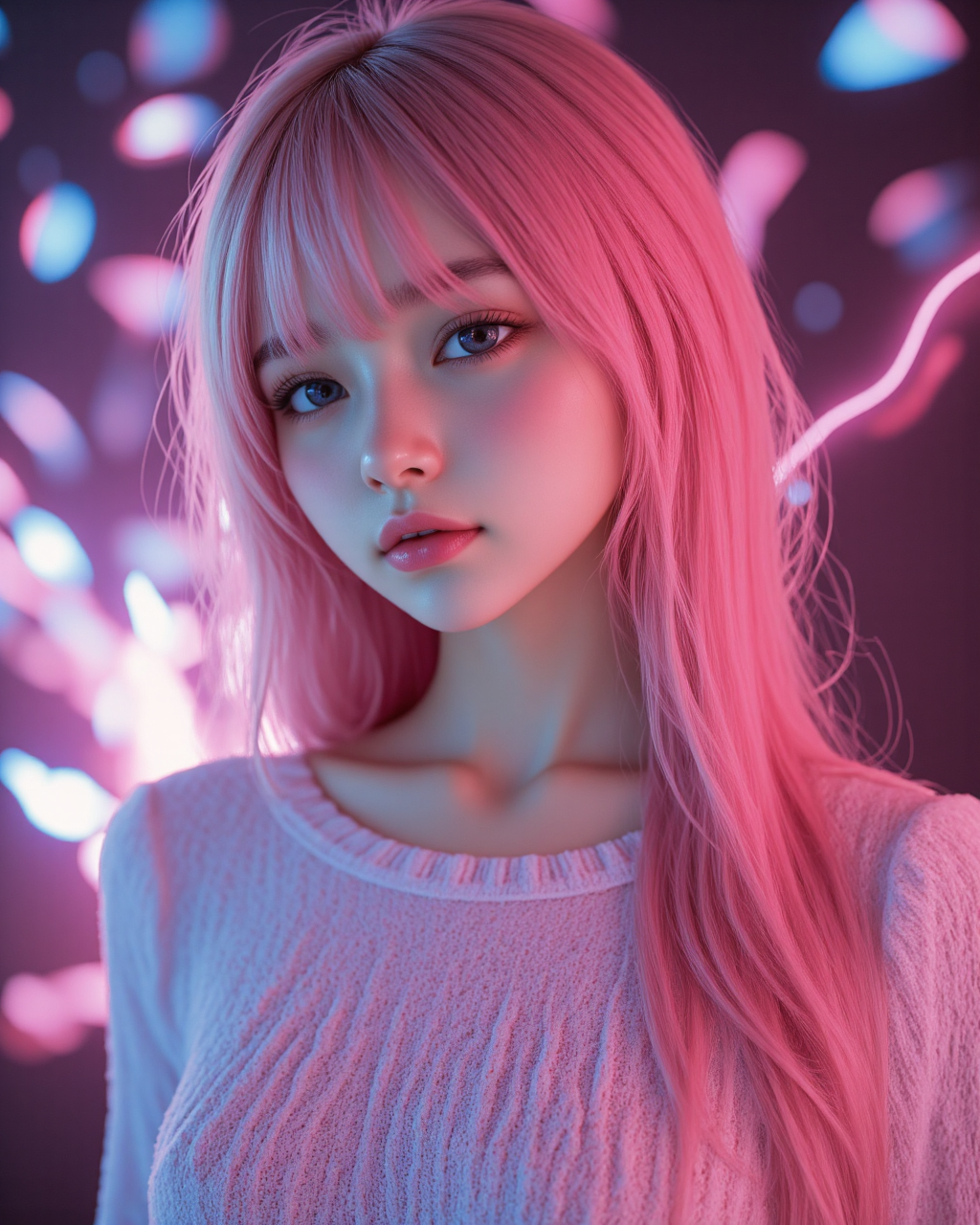(best quality, extremely best quality, masterpiece:1.5), (realistic, intricate details:1.2), (photorealistic:1.4), (extremely intricate:1.2), highres, ultra highres, ultra-detailed, absurdres, incredibly absurdres, extremely detailed, high quality, high resolution, hyperrealistic, ultra-realistic, hyper-detailed, top quality, best, fine detail, massive detail, Highly detailed, extreme detailed, highest detailed, high-res, absolutely resolution, reflection, (refraction:1.4), solo, looking at viewer, flat bangs, (young cute beautiful 18-year-old woman supermodel:1.1), 3d face, beautiful woman, pretty, girlface, kpop idol, supermodel, perfect body, small pink breasts with pink nipples, slim waist, slim legs, (high detailed skin:1.2), glowing eyes, goddess, natural skin texture, shiny skin, White skin, cute delicate face, slender figure, (Pink hair, pink theme, pink livery, pink eyes:1.3), very long hair, (A human who emits an aura from his body:1.4), (Pink energy light emanates from the body:1.4), (fullbody:1.3), (fly:1.3), (lightning discharge lightning effects:1.2), (electrocution:1.3), (Luminescent Particles:1.4), (Electric sparks, sparks, flying bullets,Dodge bullets,building hit by missile, Futuristic technology drone hit by laser weapon:1.3), adventurous look, starry sky, colorful refraction, Wormhole world, futuristic cityscape, cyberpunk, machine, extremely metal textured, neon lights, (night:1.4), wind, Rembrandt lighting, space warp, fog, pixel art, game art, key visual, surreal, PBR Texturing, Anisotropic Filtering, Maximum Clarity And Sharpness, Albedo And Specular Maps, Multi-Layered Textures, Surface Shading, Sub-Pixel Convolution, Sub-Pixel Convolution, Accurate Simulation Of Light-Material Interaction)))), blurry foreground, broad light, volumetric light effect, matte painting, perfectly defined features, volumetric lighting, Tone Mapping, Lumen Reflections, Global illumination, Ray Tracing, Screen Space Global Illumination, Accent Lighting, 32k, Natural Lighting, volumetric, cinematic masterpiece, Rule of thirds, high dynamic range, Multi-exposure HDR capture, cinematic render, game cg cinematic, atmospheric perspective, movie scene, epic dynamic frame, motion blur, ((cinematic look, Film look)), rim light, 4k textures, adobe lightroom, photolab, insane details, hyperdetailed, exposure blend, professional color grading, professional color correction, aerial perspective, particles and dust in beams of light, cinematic scene, dynamic lighting, sharp details, lomography, soft focus, light leaks, bold hues, atmospheric depth, (explosive light and shadow:1.2), aesthetics, intricate designs, ultra realistic digital art, (zentangle, mandala, tangle, entangle), (fractal art), <lora:midjourney_whisper_innocent_eyes_v01:0.5> <lora:TEST_1:0.6>